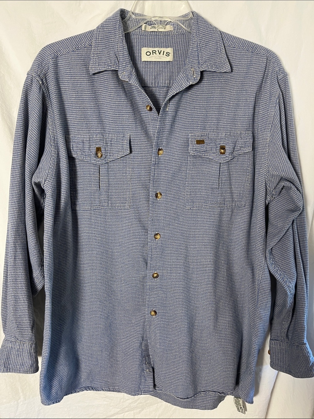Orvis Light Blue Houndstooth Flannel Button-Down Size Large